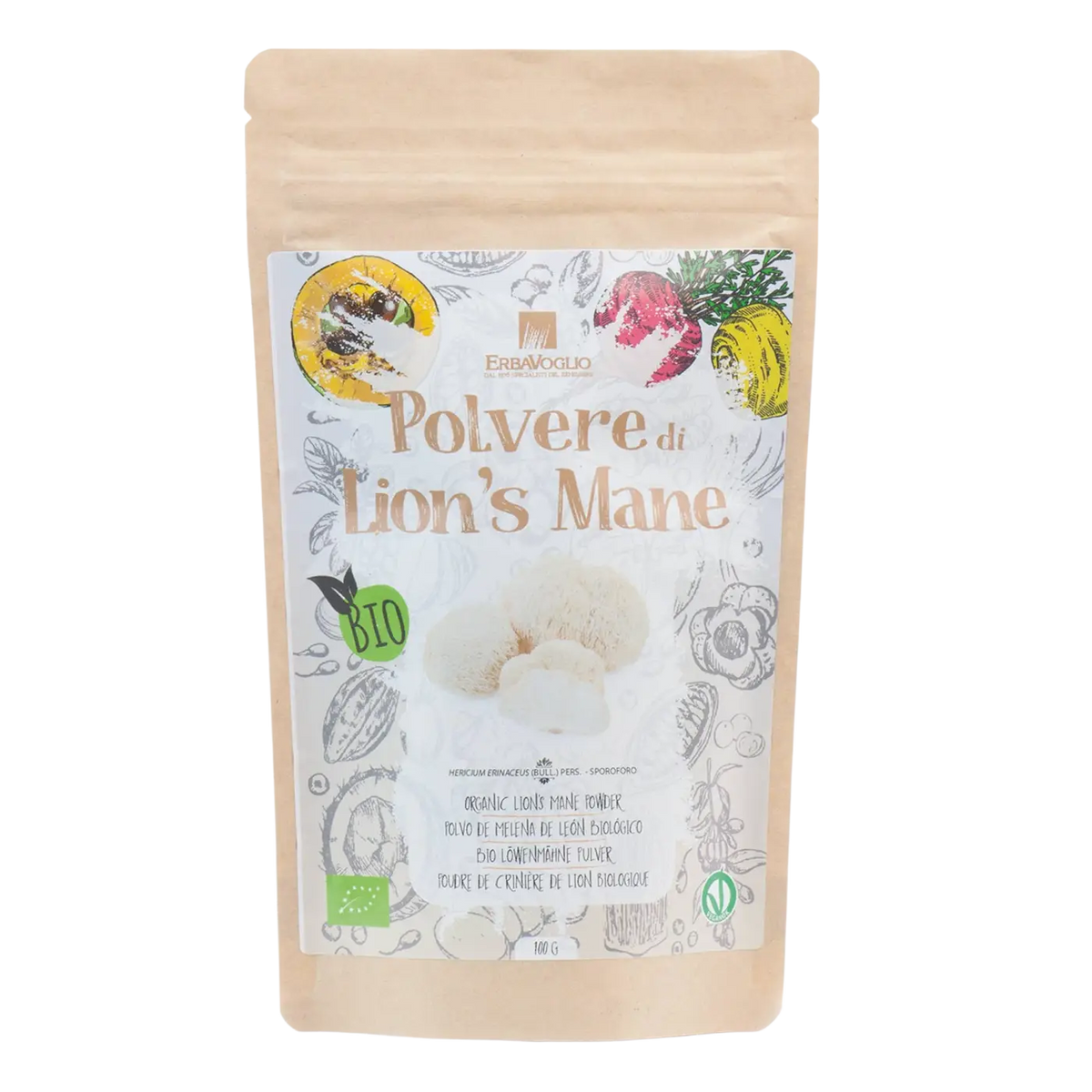 Bio-Löwenmähnenpulver von Erbavoglio, 100g, Nahrungsergänzung für Gehirn, Immunsystem und Darm, als Kaffeeersatz.