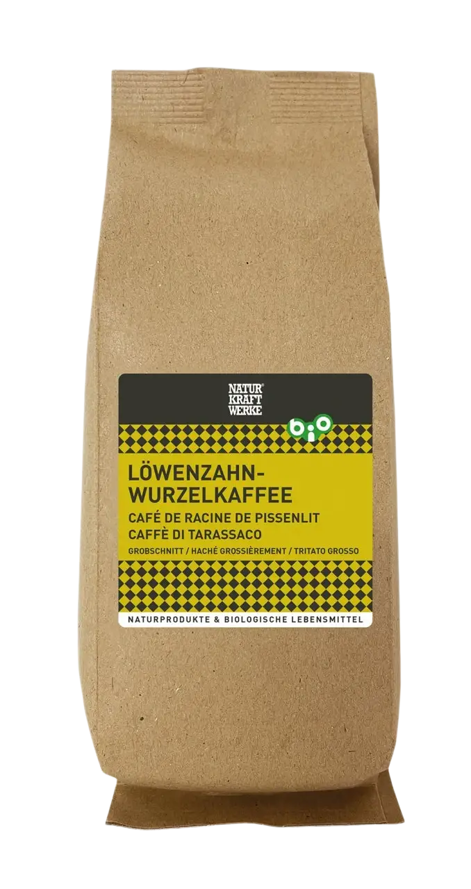 Braune papiertüte bio löwenzahnwurzelkaffee 130 g koffeinfreier kaffeersatz mit gelb schwarz kariertem label naturkraftwerke lupinenkaffee mana shop