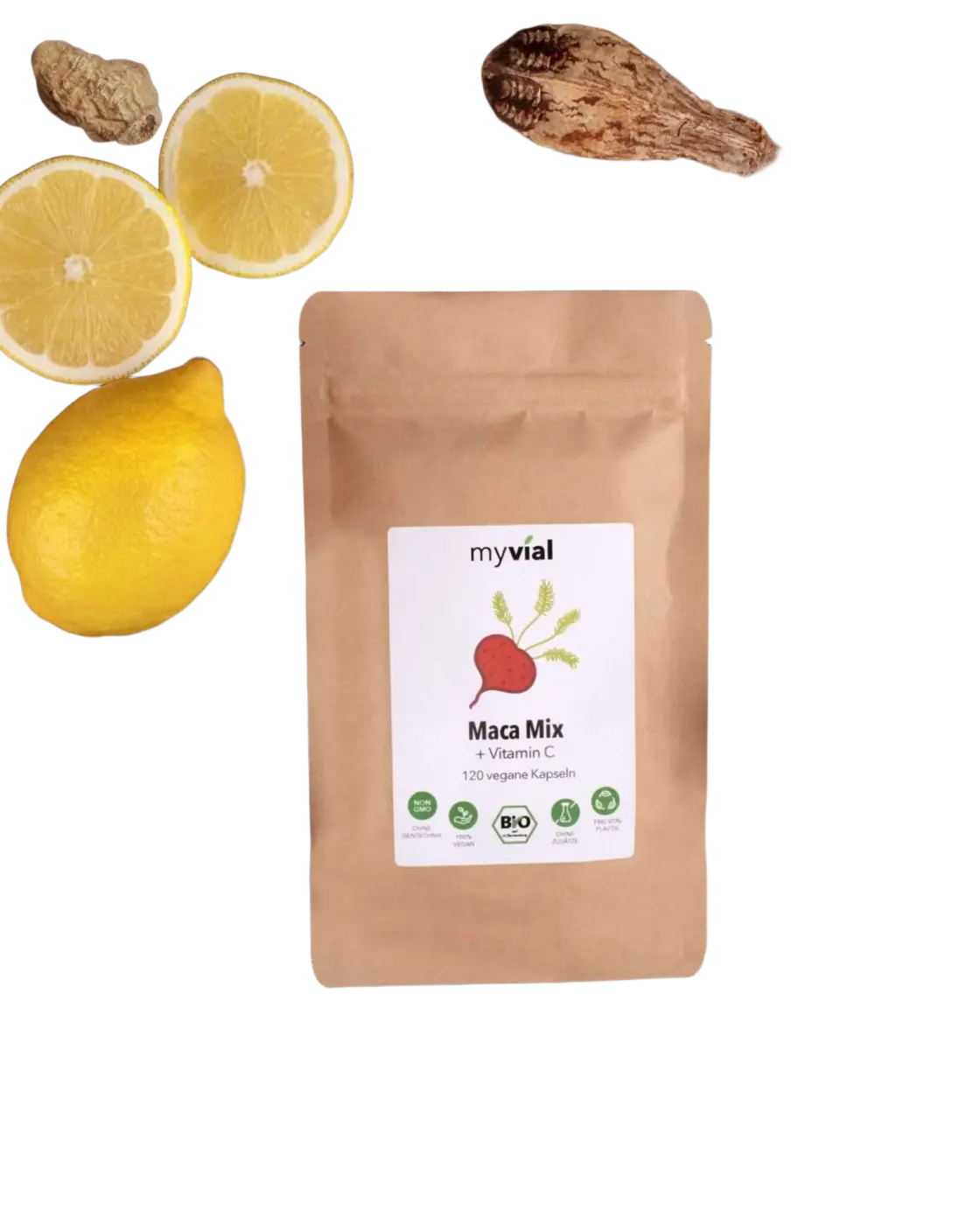 Veganer myvial Bio Maca Kapseln Mix (Schwarz, Rot, Gelb) mit Vitamin C, Nahrungsergänzung, natürliche Kapseln in Blisterpackung