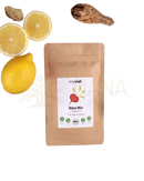 Braune nachfüllbare pouch mit bio maca kapseln schwarz rot gelb mix und vitamin c von myvial mit acerola pulver und mana shop zertifikat