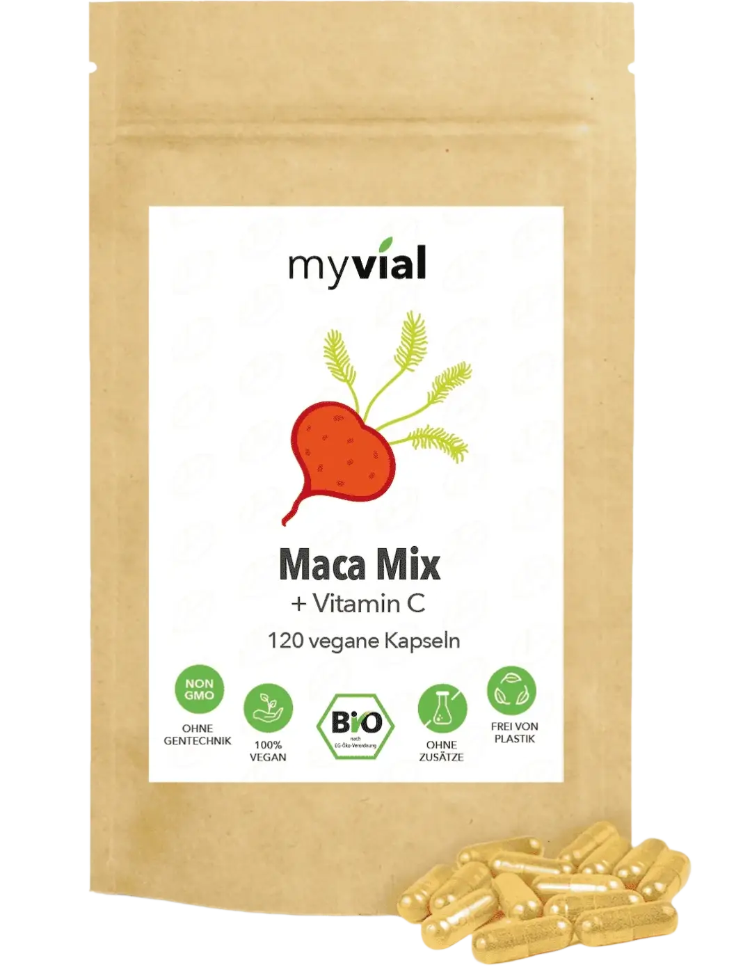 Verschiedene Bio Maca Kapseln in Schwarz, Rot und Gelb mit Vitamin C, vegan, für Nahrungsergänzung von myvial.