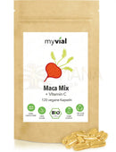 Braune myvial maca mix pouch bio maca kapseln schwarz rot gelb mix mit vitamin c und 120 veganen kapseln mana shop