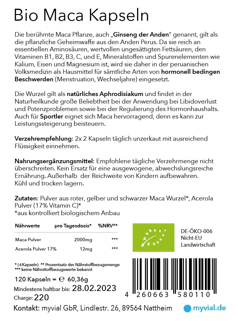 Vegan Bio Maca Kapseln in Schwarz, Rot und Gelb Mix mit Vitamin C, Nahrungsergänzung, von myvial auf weißem Hintergrund
