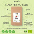 Brown resealable pouch of myvial bio maca kapseln with red maca root illustration organic maca capsules vegan from mana shop