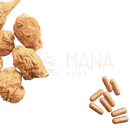 Bio maca kapseln schwarz rot gelb mix mit vitamin c vegan mit braunen unregelmäßigen maca wurzelstücken und kapseln organic maca capsules mana shop