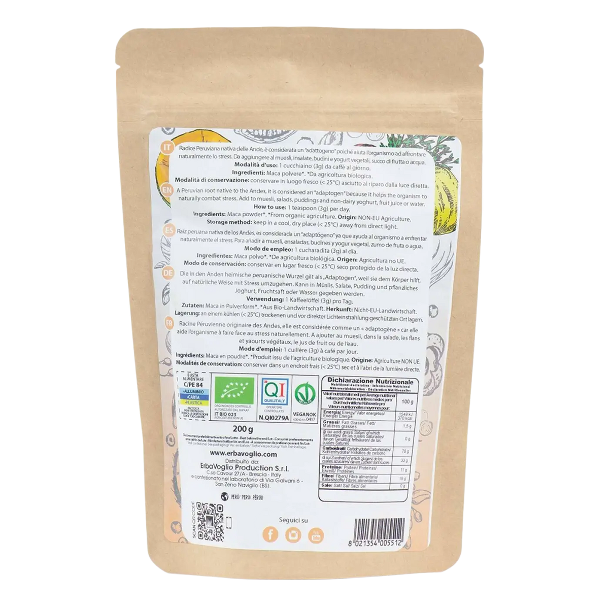 Bio-Maca-Pulver von Erbavoglio, 200g, Nahrungsergänzung in brauner wiederverschließbarer Verpackung