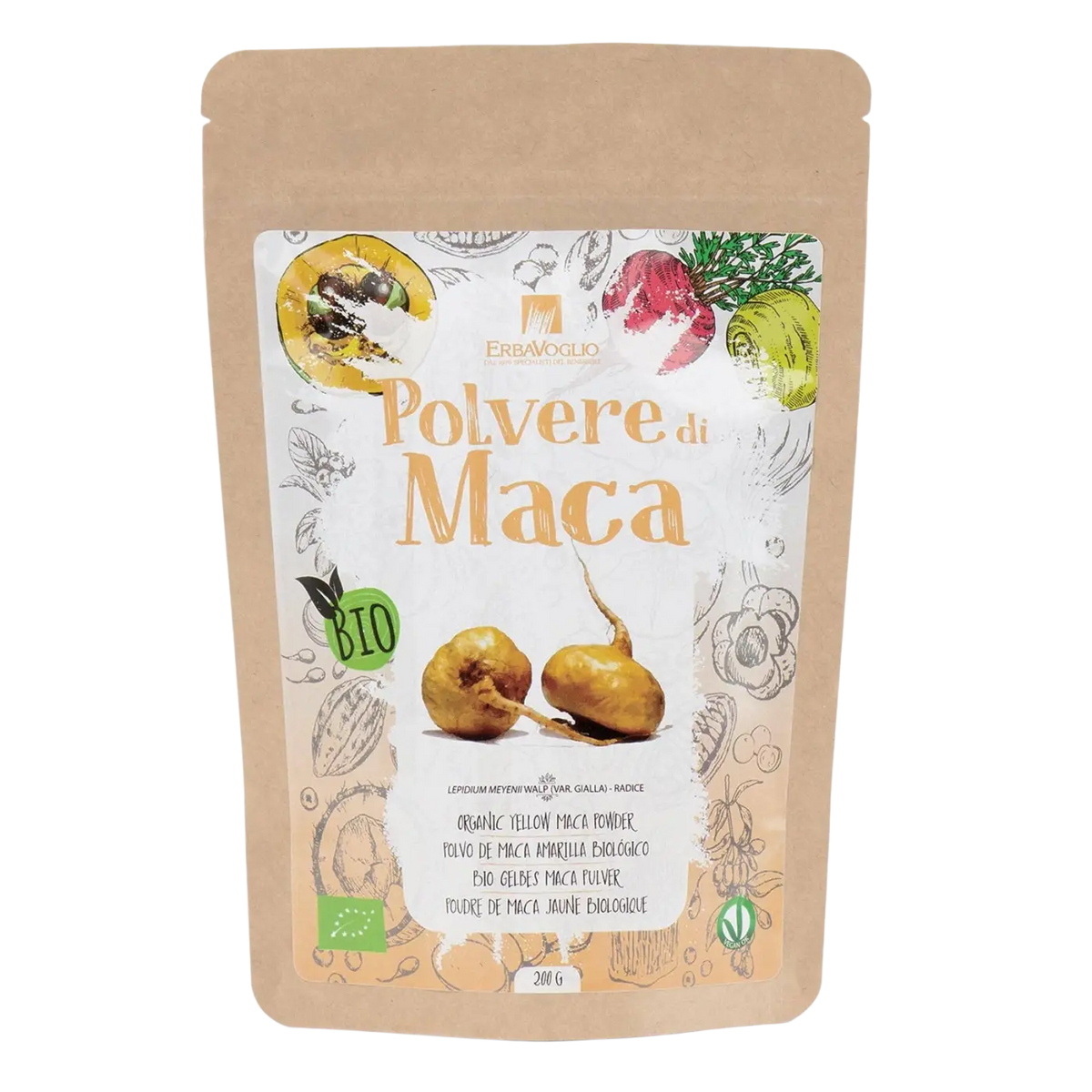 Bio-Maca-Pulver von Erbavoglio, 200g Nahrungsergänzung, braunes wiederverschließbares Pulver in Beutel.