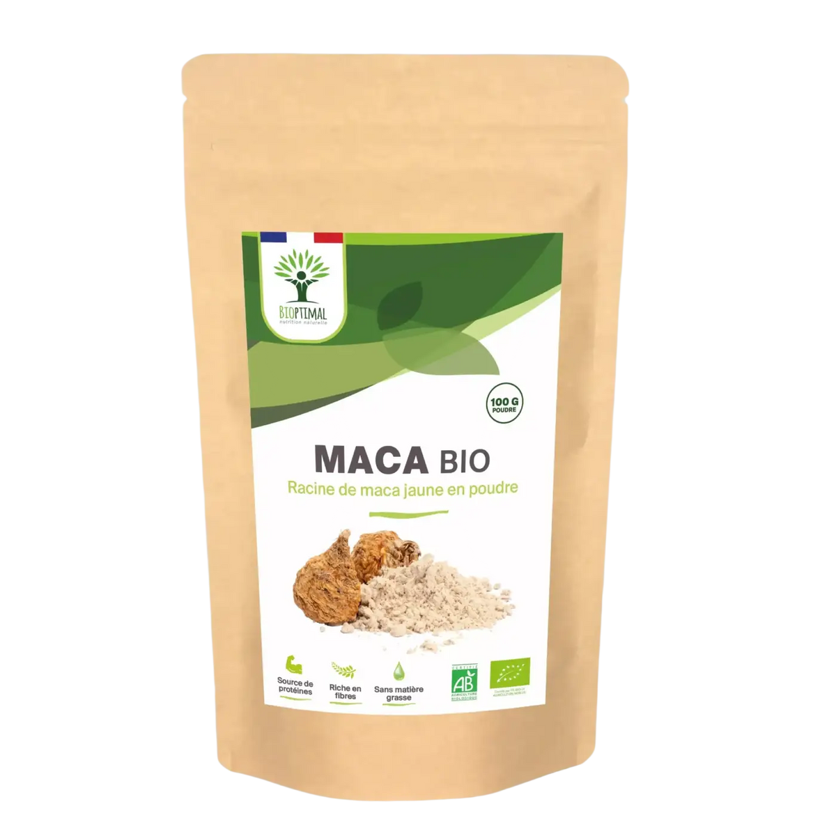Bio-Maca-Pulver von Bioptimal, veganes Nahrungsergänzungsmittel, fördert Vitalität, Libido und Fruchtbarkeit, feines Pulver in Glas.