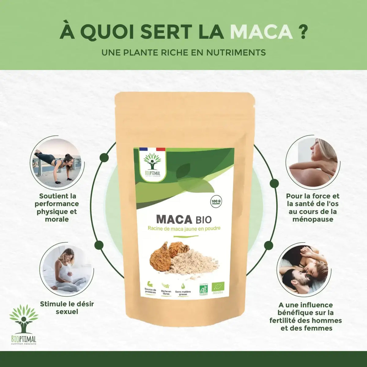 Bioptimalt Bio-Maca-Pulver in Pulverform, fördert Leistungsfähigkeit, Vitalität, Libido und Fruchtbarkeit, vegan Nahrungsergänzung