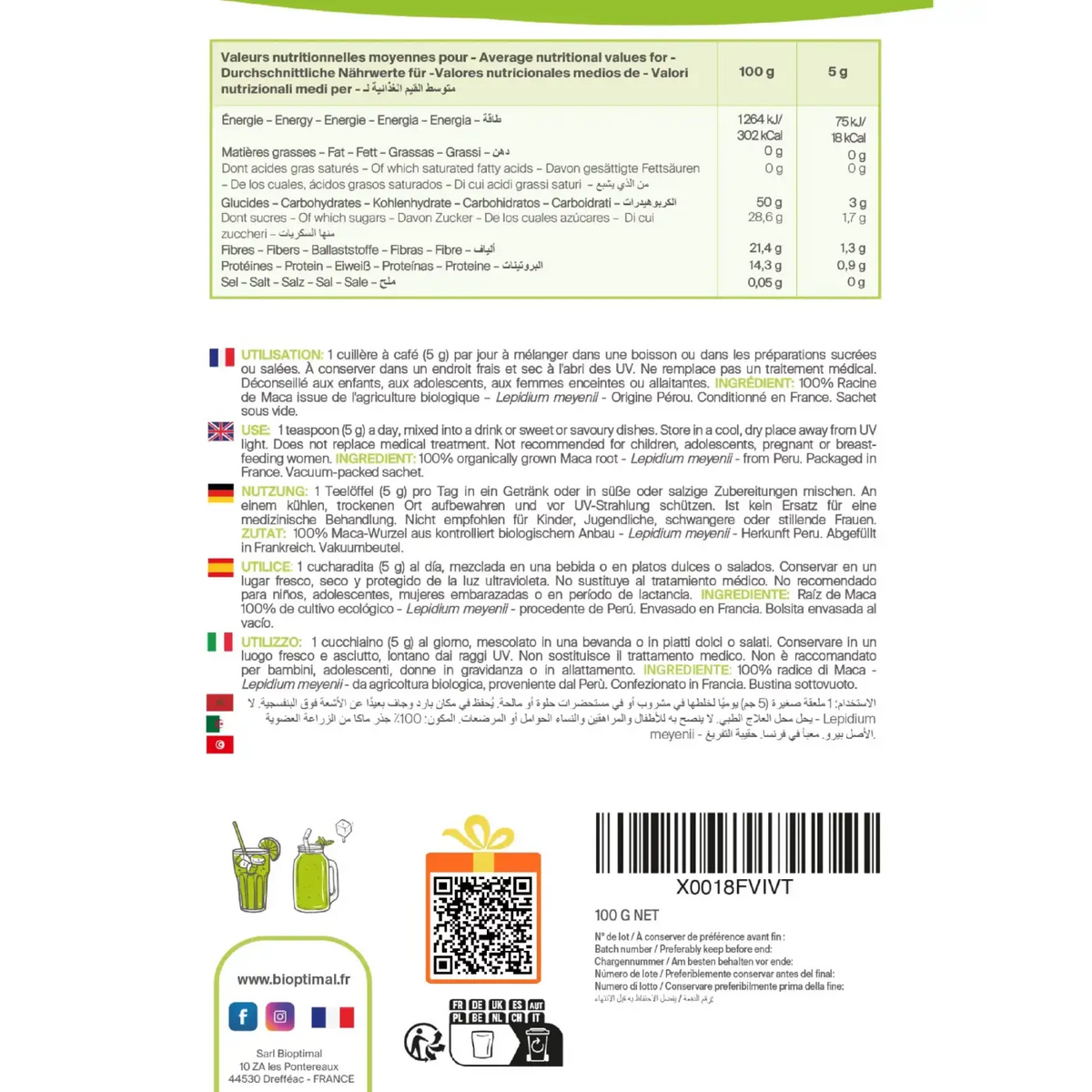 Bio-Maca-Pulver von Bioptimal, veganes Nahrungsergänzungsmittel für Leistungsfähigkeit, Vitalität, Libido und Fruchtbarkeit.