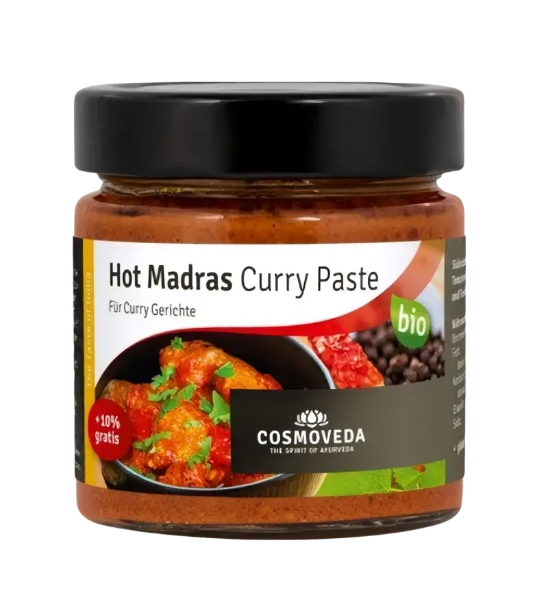 Bio Madras Hot Curry Paste von Cosmoveda, scharfe Gewürzpaste für Dal und Gemüsegerichte, mit Gewürzen und Bio-Zutaten