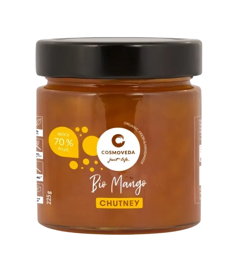 Bio Mango Chutney von Cosmoveda in einem Glas, süß-scharfe Gewürzsoße für Curry und Käse, mit Mango und Gewürzen.