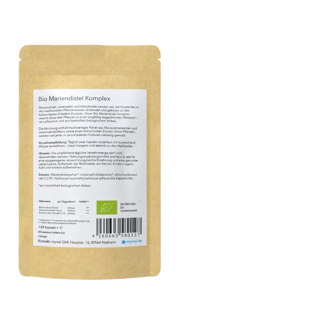 Bio Mariendistel Leber Komplex von myvial, vegane Nahrungsergänzung in 120 Kapseln, fördert die Gesundheit der Leber.