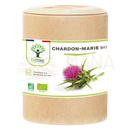 Braune bio mariendistel kapseln mit weißem etiket und distelblume zur unterstützung von lebergesundheit und immunabwehr