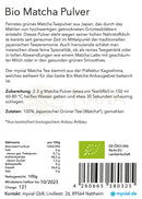Bio matcha pulver 100g verpackung aus japan mit veganer zertifizierung und achtsame energie zubereitungsanleitung auf der rückseite