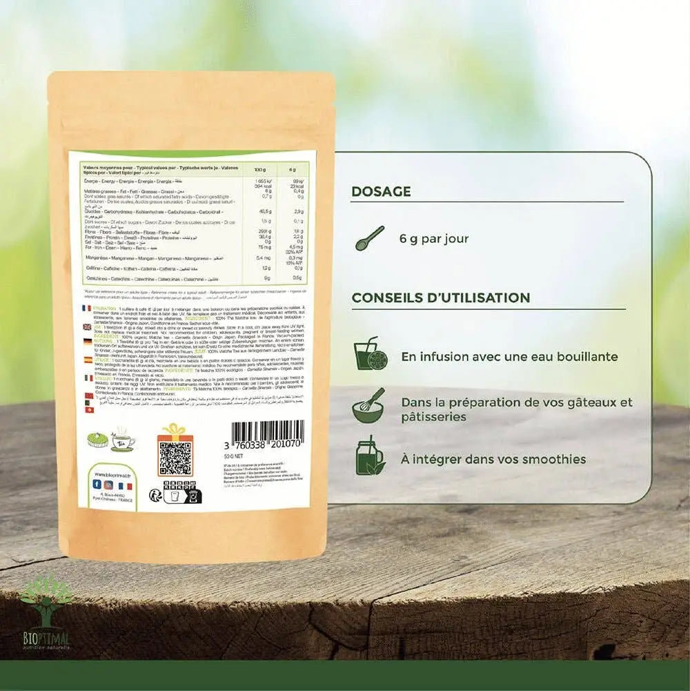 Bio Matcha Pulver von Bioptimal, feines grünes Tee-Pulver in 400g Packung, ideal für Energie, Fokus und Wohlbefinden.