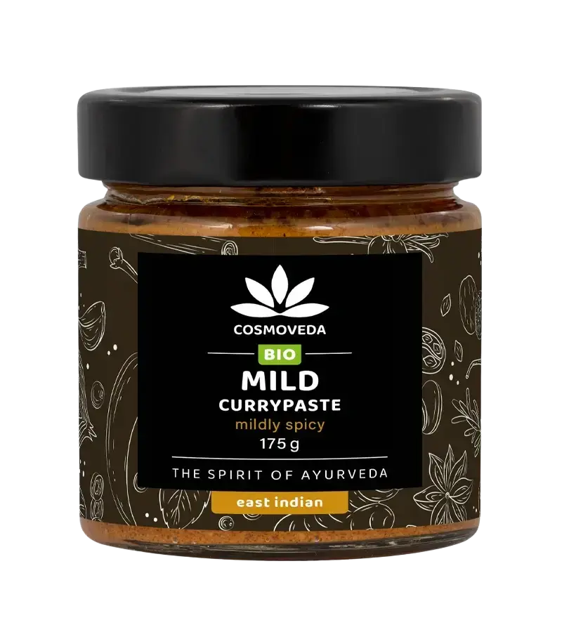 Bio milde Currypaste von Cosmoveda in einem Glas, 175g, Gewürz mit mildem Curry-Geschmack, natürliche Bio-Zutaten