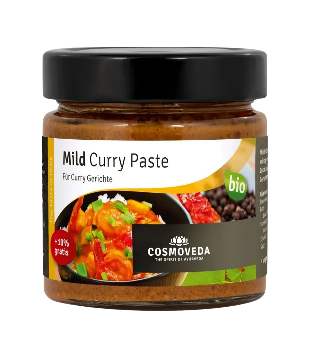 Bio milde Curry Paste in Glas von Cosmoveda, 175g, Gewürz für aromatische Gerichte, cremige Konsistenz, natürliche Zutaten