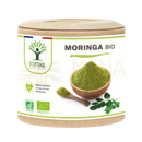 Ein zylindrischer behälter mit bioptimal organischer moringa pulverkapseln mit naturkartonverschluss für blutzuckerwerte und abnehmen