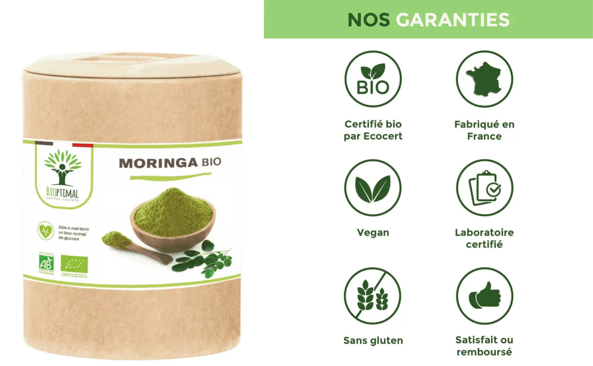 Bio-Moringa Nahrungsergänzung in Kapseln zur Unterstützung des Blutzuckerspiegels und beim Abnehmen, von Bioptimal.