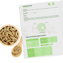 Tanfarbene, transparente gelatin kapseln bio-moringa zur unterstützung der blutzuckerwerte in holzschale und löffel