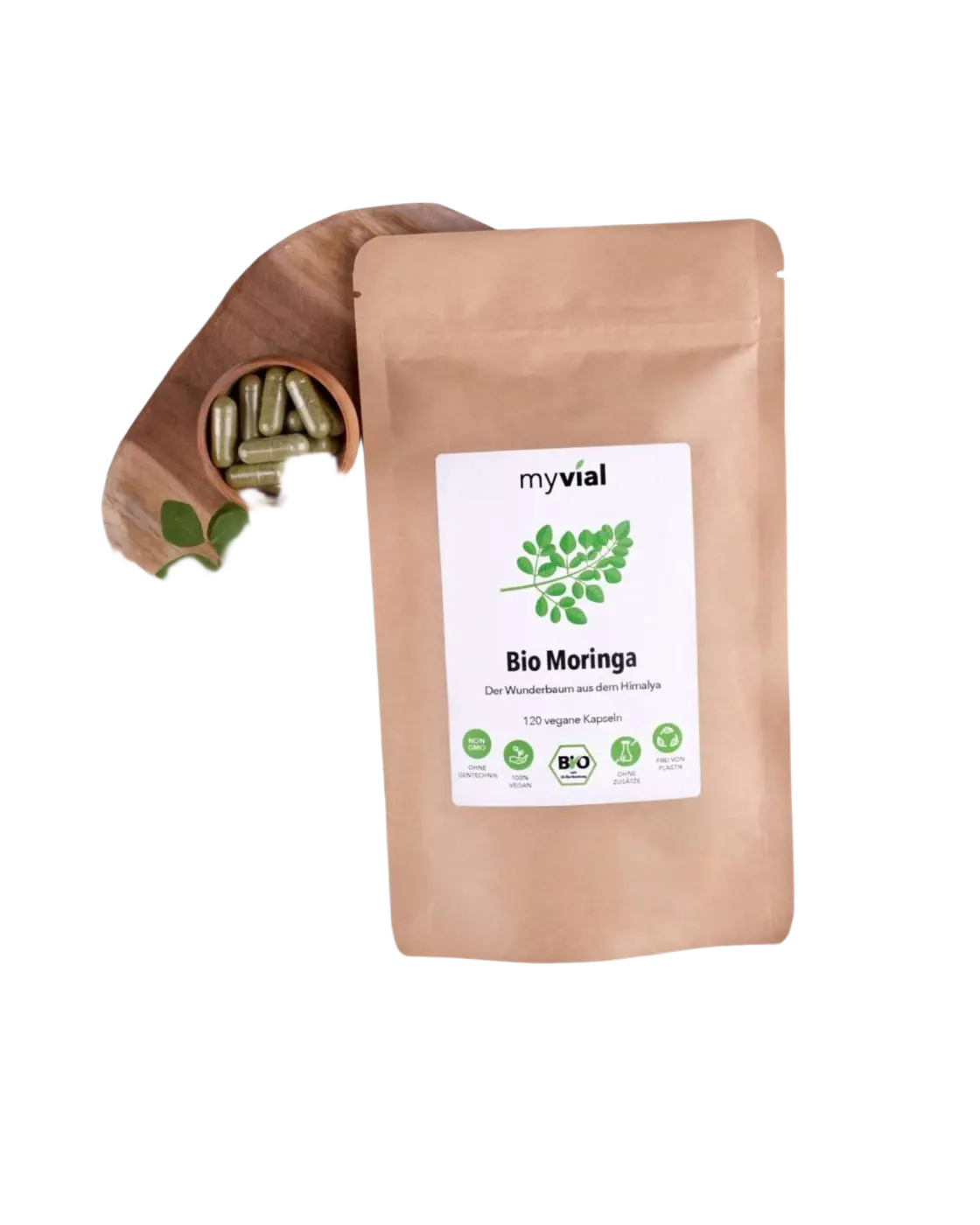 Vegan Bio Moringa Kapseln von myvial, 120 Stück in Beutel, Nahrungsergänzung mit grünen Kapseln auf weißem Hintergrund.