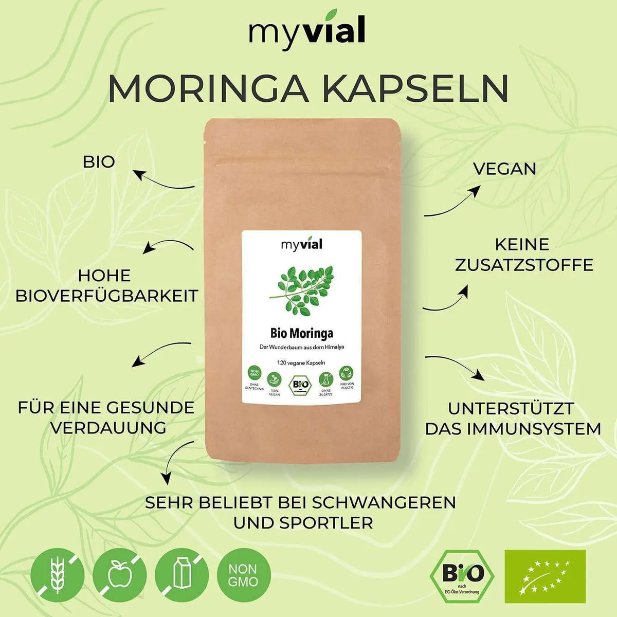 Bio Moringa Kapseln von myvial, 120 vegane Nahrungsergänzungskapseln in brauner Verpackung, sichtbar in der Abbildung.