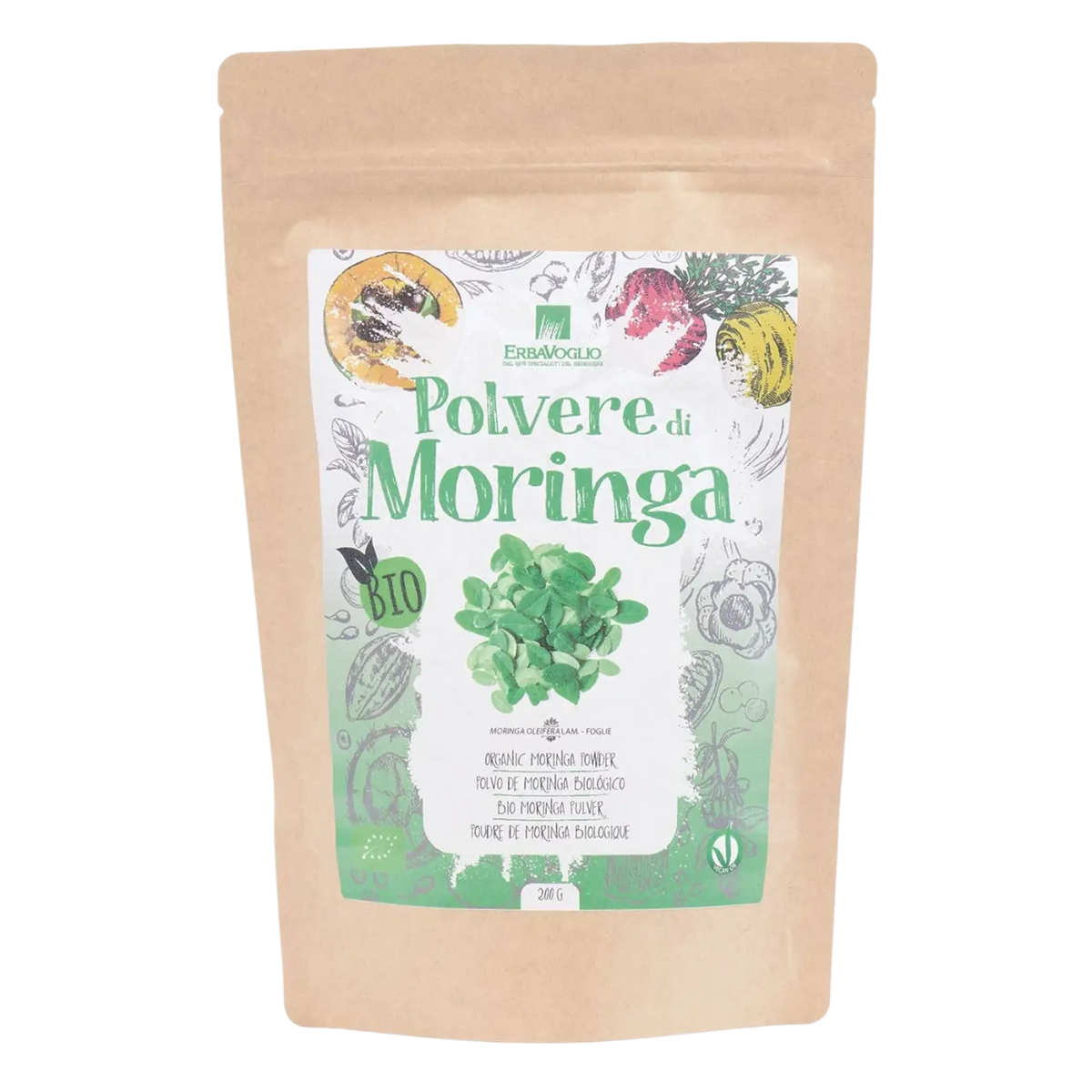 Bio-Moringa-Pulver von Erbavoglio, Nahrungsergänzung für Abnehmen, Wechseljahre und Stärkung des Immunsystems, in einem Glas.