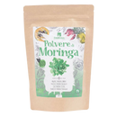 Bio-Moringa-Pulver von Erbavoglio, Nahrungsergänzung für Abnehmen, Wechseljahre und Stärkung des Immunsystems, in einem Glas.