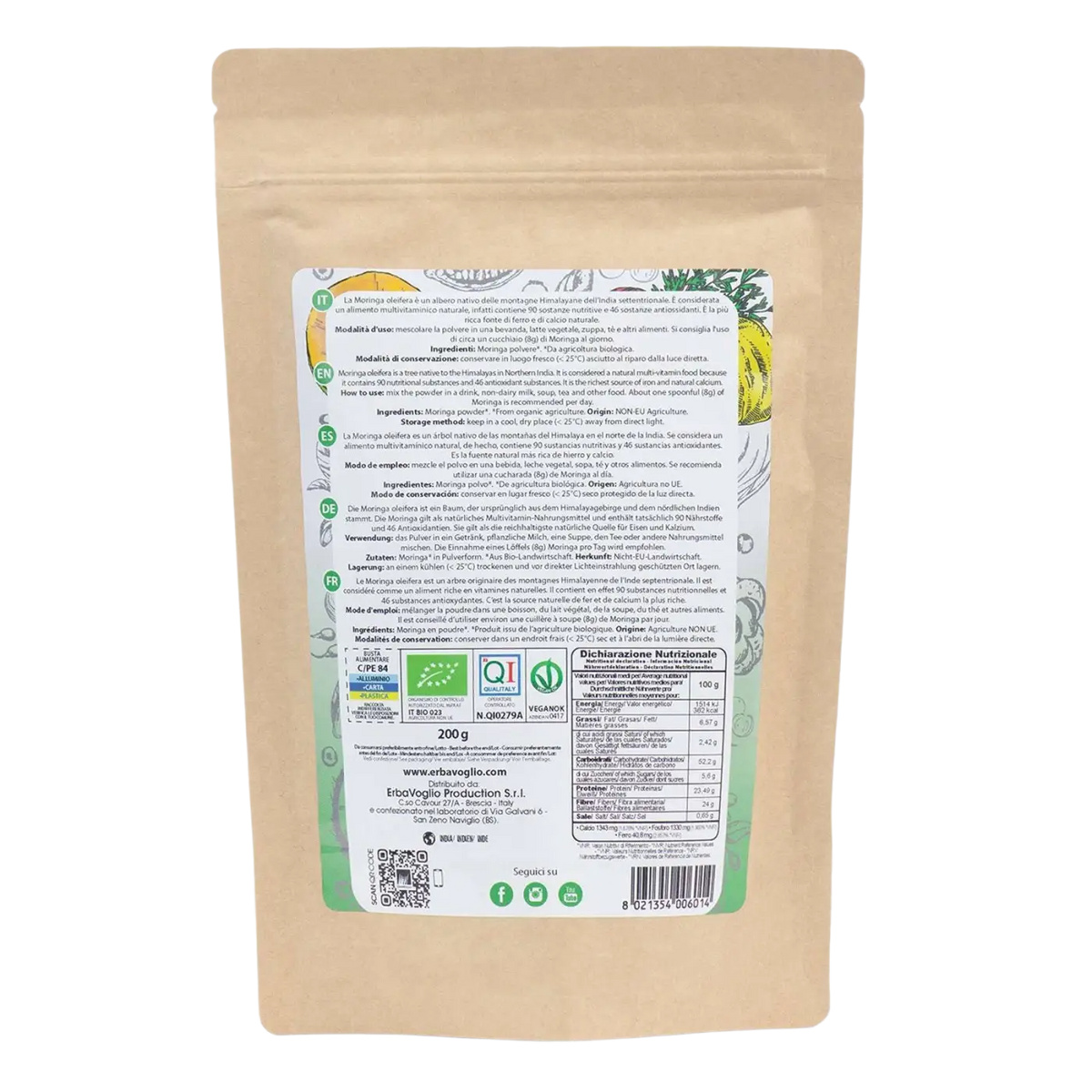 Bio-Moringa-Pulver von Erbavoglio, Nahrungsergänzung für Abnehmen, Wechseljahre und das Immunsystem, in Pulverform.
