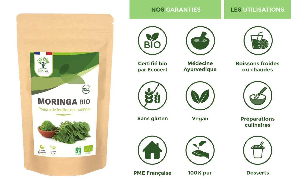 Bio-Moringa-Pulver von Bioptimal, vegan, in Beutel, nährstoffreiches Nahrungsergänzungsmittel, feines grünes Pulver