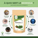Bio-Moringa-Pulver von Bioptimal, veganes Nahrungsergänzungsmittel in brauner Verpackung, feines grünes Pulver, 100 g.