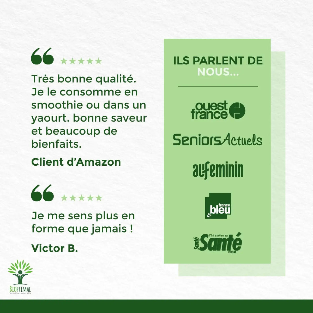 Bio-Moringa-Pulver von Bioptimal, veganes Nahrungsergänzungsmittel in 100 g, grünes Pulver mit weißem Hintergrund.