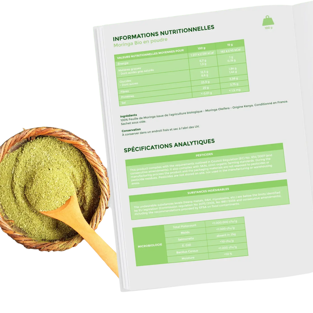 Bio-Moringa-Pulver von Bioptimal, 100g, veganes Nahrungsergänzungsmittel in grüner Verpackung mit geflochtener Textur