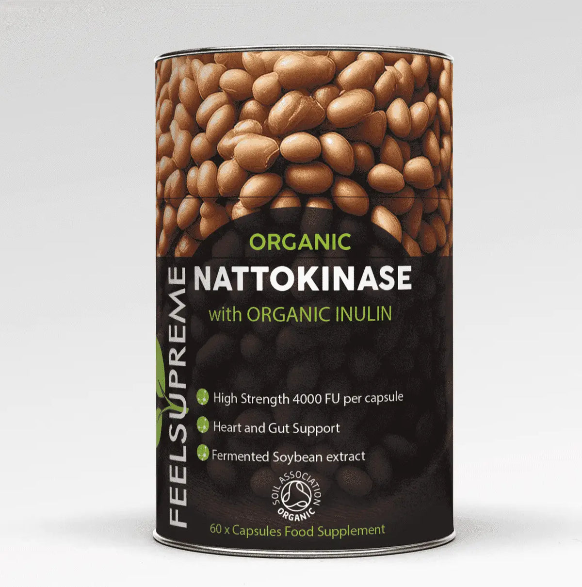 Bio-Nattokinase mit Inulin, Nahrungsergänzung von Feel Supreme, zeigt die Kapsel mit natürlichen Enzymen und Ballaststoffen.