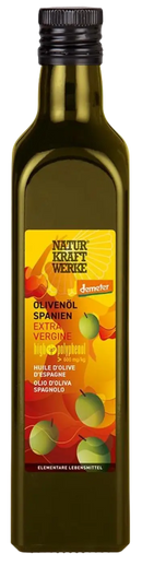 Bio extra vergine olivenöl von naturkraftwerke in einer dunkelgrünen glasflasche mit gelbem etikett und schwarzen verschluss