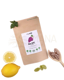 Braune papiertüte myvial bio opc kapseln traubenkernpulver vitamin c mit weißem etikett grün lila bio opc kapseln vegan
