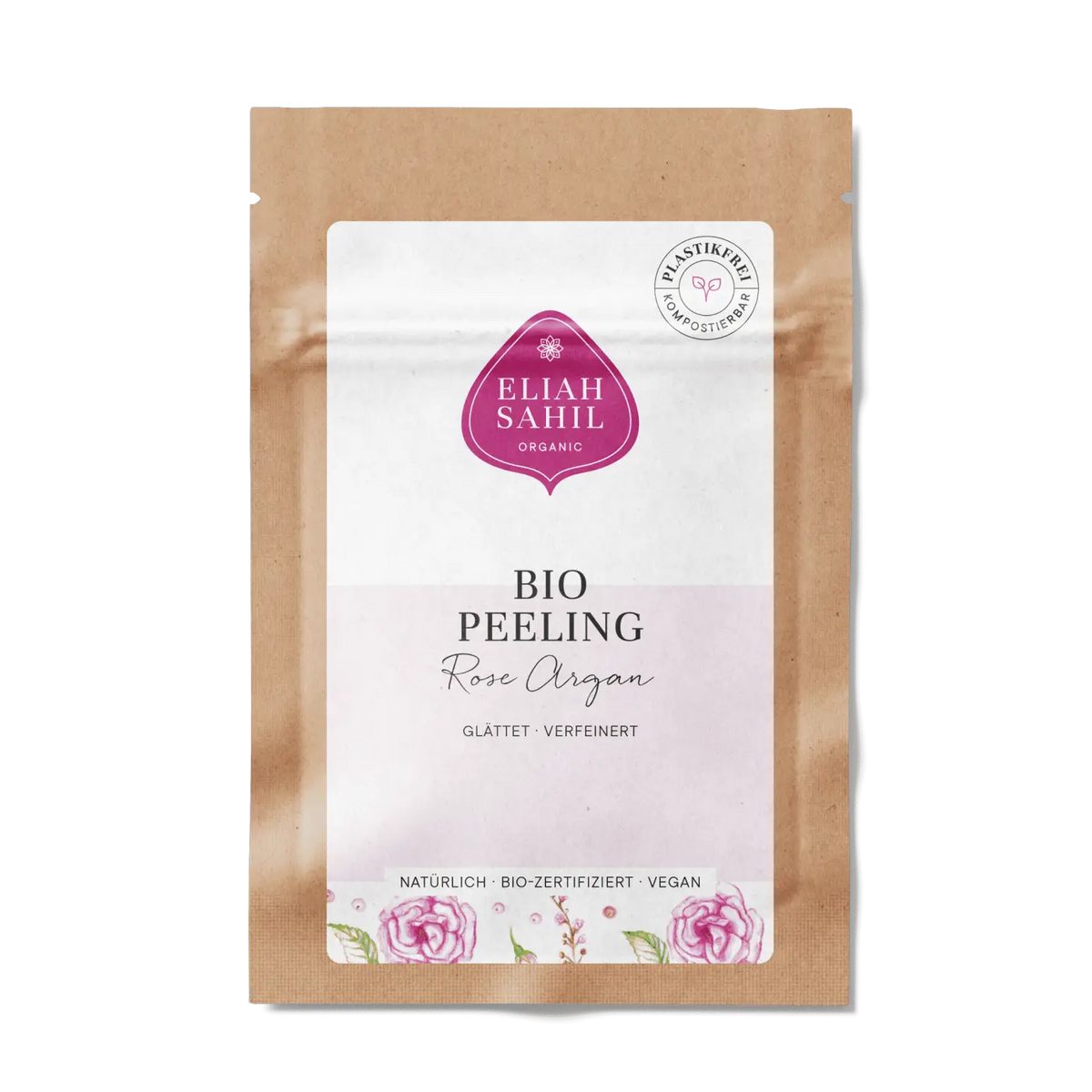 Bio Peeling Rose Argan für Gesicht, Travel Size 15g von Eliah Sahil Organic Care, zeigt die Verpackung und Produktdetails