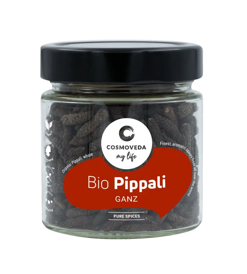 Bio Pippali ganz, 100g, Langer Pfeffer in Glas mit schwarzem Deckel, frische Gewürze von Mana Shop