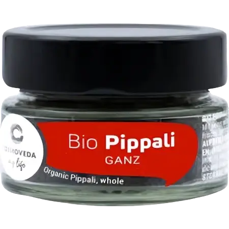 Bio Pippali ganz, langer Pfeffer in Glas mit schwarzem Deckel, hochwertige Gewürze von Mana Shop, naturbelassen und aromatisch.