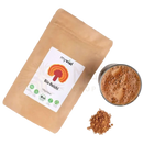 Braune kraftpapiertüte bio reishi pulver 100g mit weißem etikett und ganoderma lucidum-motiv organic reishi powder