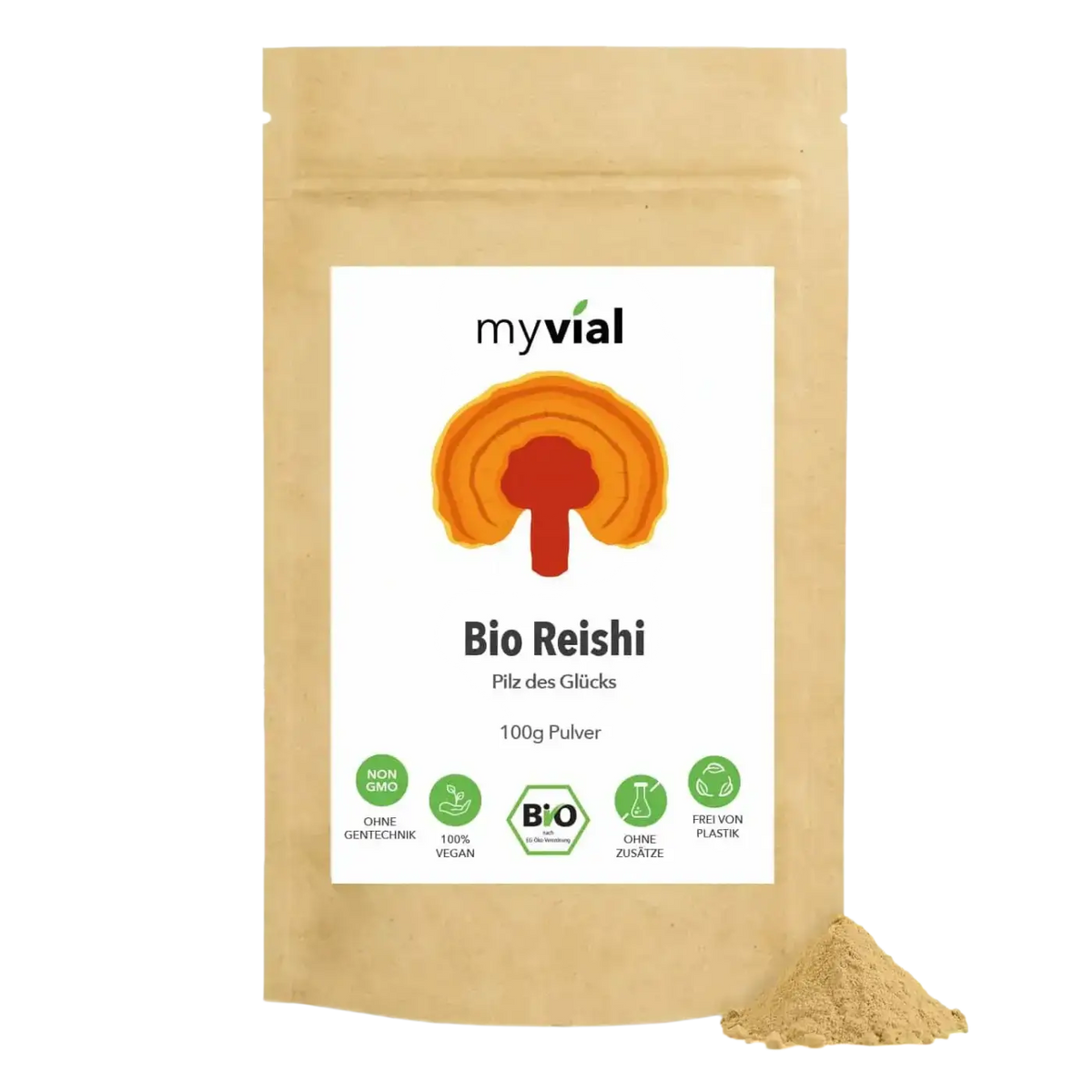 Bio Reishi Pulver von myvial, 100 g, veganes Ling Zhi Nahrungsergänzung in einer transparenten Packung.