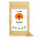 Myvial bio reishi pulver 100 g in braunem wiederverschließbarem beutel mit orange-rotem ganoderma lucidum kappendesign organic reishi powder