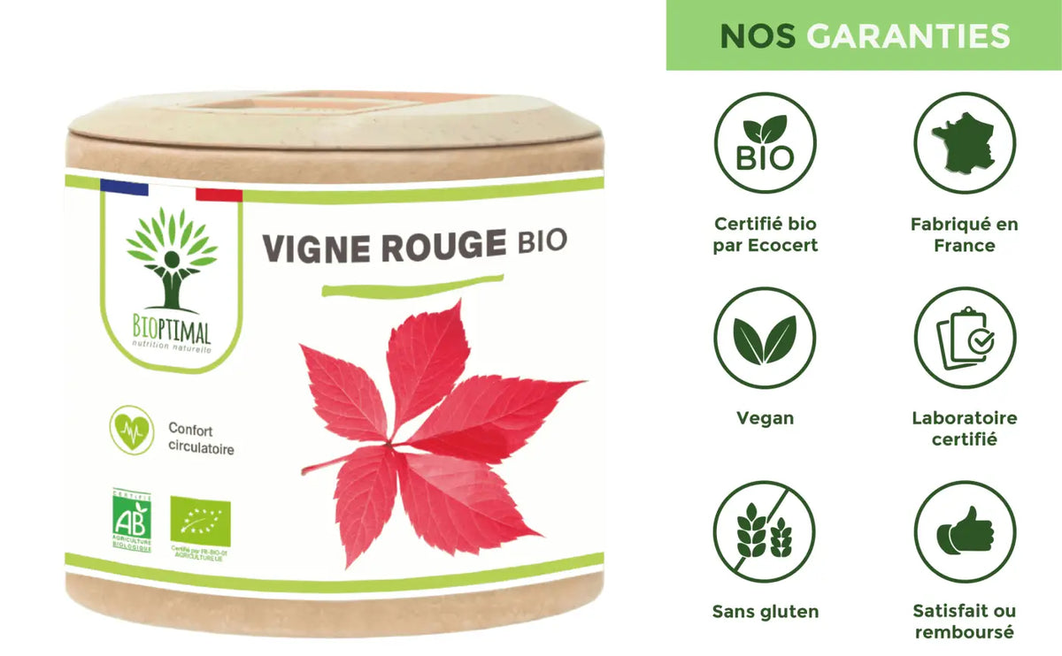 Bio Rote Rebe Kapseln von Bioptimal, Nahrungsergänzung mit rotem Weinblattextrakt aus kontrolliertem Anbau, in Kapseln.