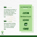 Grüner text auf weißem hintergrund mit kundenmeinungen und logos von ouest france und seniorsactuels zu bio-salbei kapseln für hormonelles gleichgewicht übermäßiges schwitzen und menstruationskomfort