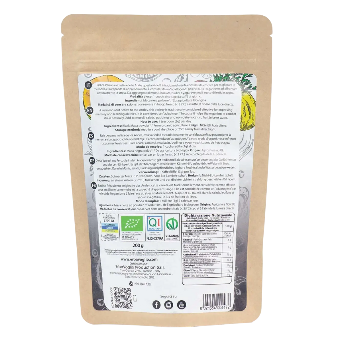 Eine braune wiederverschließbare pouch mit bio schwarzes maca pulver 200 g mit mehrsprachiger etikettierung und nährwertangaben auf der rückseite