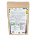 Eine braune wiederverschließbare pouch mit bio schwarzes maca pulver 200 g mit mehrsprachiger etikettierung und nährwertangaben auf der rückseite