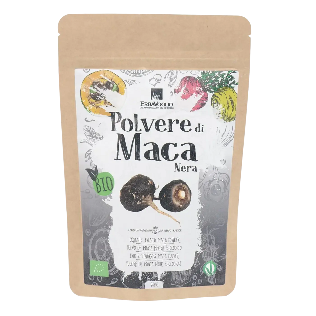 Braune wiederverschließbare tüte mit bio schwarzem maca pulver 200 g von erbavoglio mit wurzelillustrationen