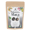 Braune wiederverschließbare tüte mit bio schwarzem maca pulver 200 g von erbavoglio mit wurzelillustrationen