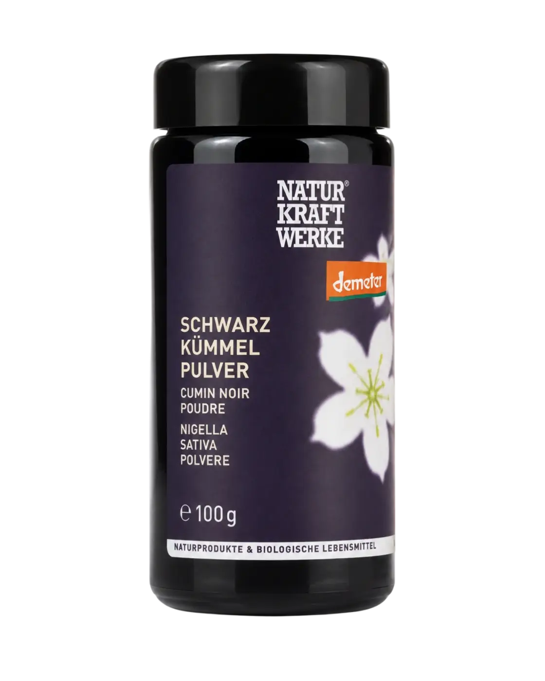 Bio schwarzkümmel pulver 100 g in dunkelviolettem zylinder mit schwarzkümmelöl etikett von natur kraft werke